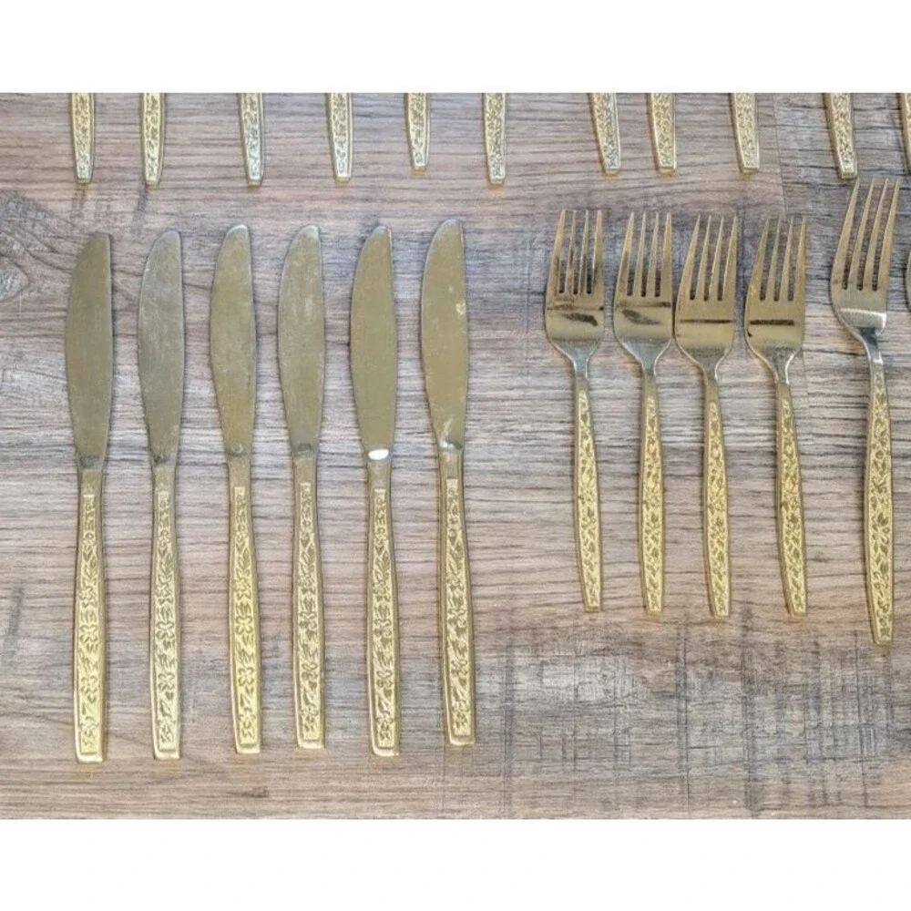 Rogers Korea Gold Plated Stainless Flatware 27 Pieces Forks Spoons Knives -AS-IS